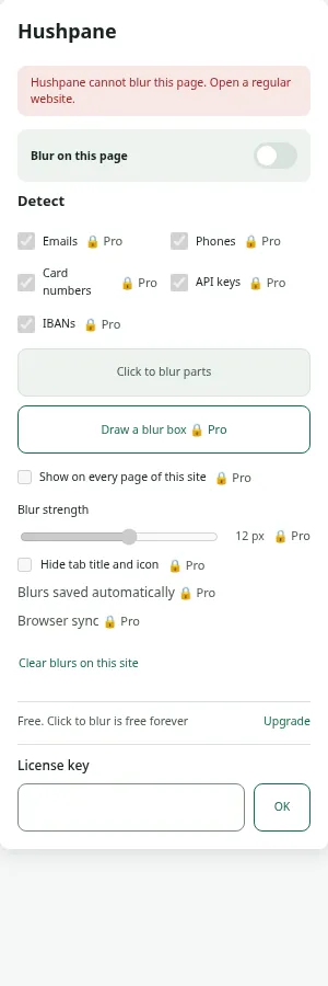 Hushpane popup on a browser page it cannot change