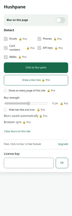 Hushpane popup on the free plan with Pro controls locked