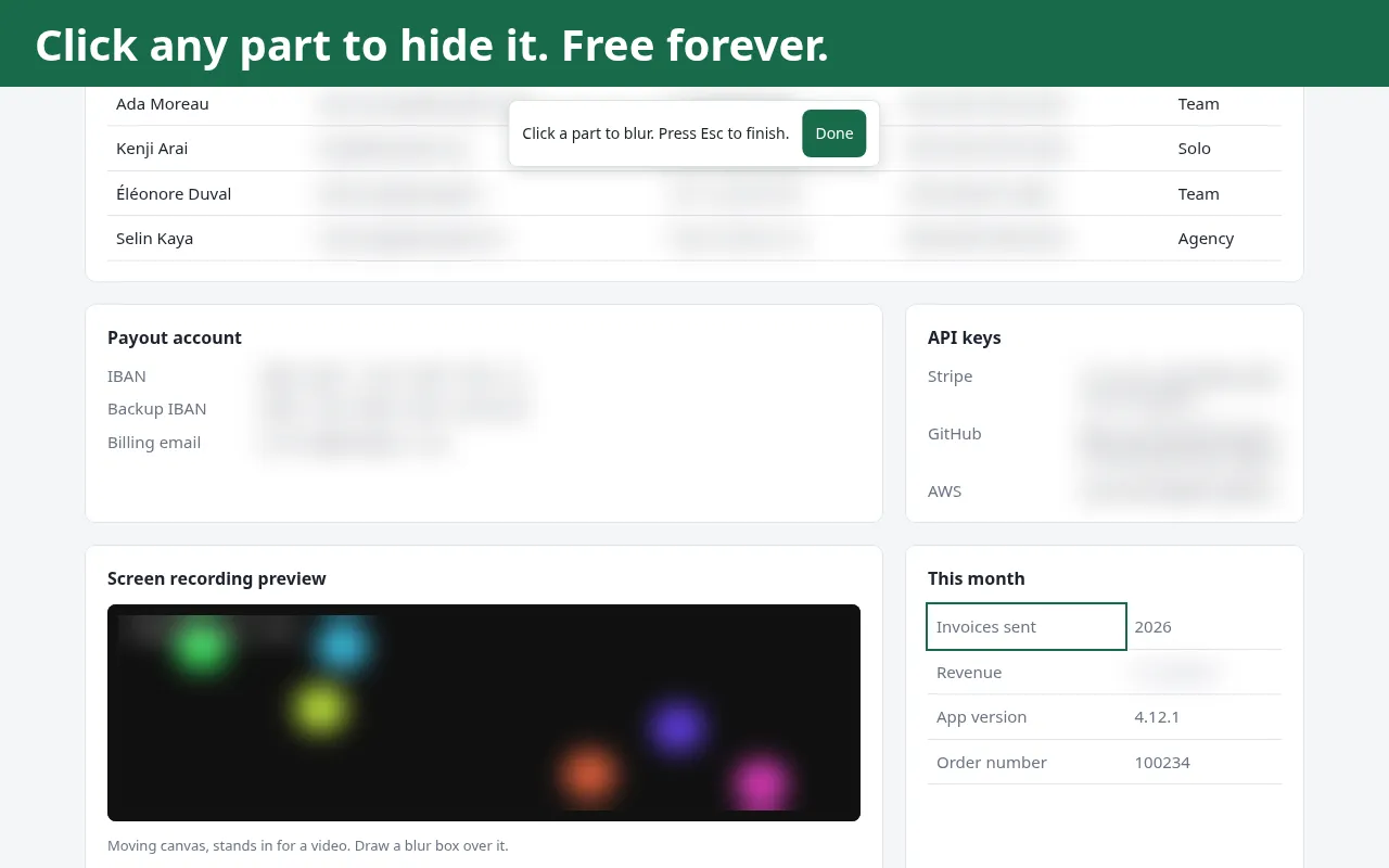 Pick mode: a revenue figure is blurred and the next row has a green outline under the pointer
